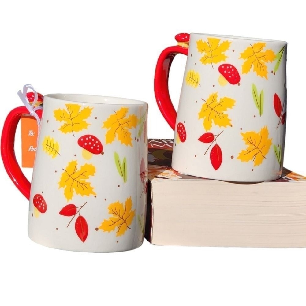 Lang Mushrooms And Leaves Ceramic Coffee Mug Set of 2 Hand Painted 16oz Autumn